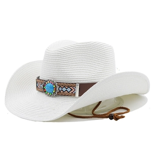 Chapeau de cowboy en paille blanche avec bande bohème turquoise et mentonnière réglable
