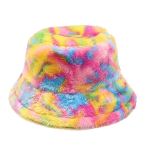 Plush tie-dye bucket hat in vibrant colors featuring soft faux fur texture for winter