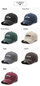 Detail view of washed cotton baseball caps in seven colors with RENEW idea embroidery