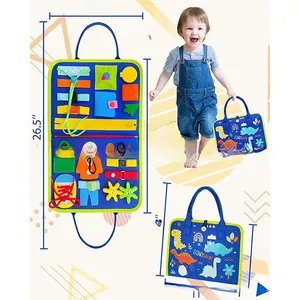 Detailed size chart of the blue dinosaur felt busy board for toddler sensory skills