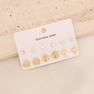 Detailed set of six gold stainless steel stud earrings with zircon and crown designs