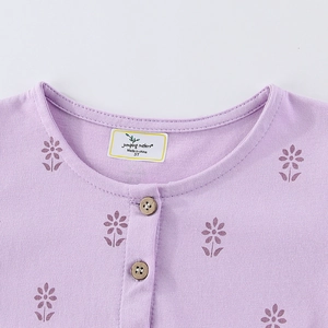 Lavender cotton knit princess dress for girls with cute floral embroidery and wooden buttons