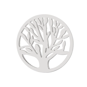 Detailed view of silver stainless steel hollow Tree of Life circular pendant for DIY jewelry