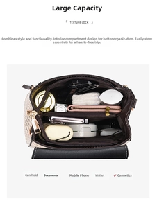Detail view of large capacity crossbody bag interior with multiple compartments and beige texture