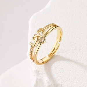 18K gold plated adjustable open ring with LOVE letters and heart shaped zircon detail