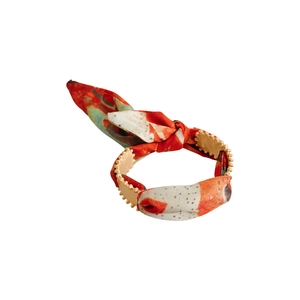 Matte gold open bangle with bohemian print silk scarf wrap and beaded metal edge details