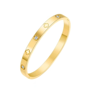 Luxury gold stainless steel bangle bracelet with zircon stones and clover patterns
