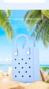 Close-up of light blue waterproof EVA beach tote bag featuring circular vent holes