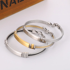 Stainless Steel Bracelet Men Woven Cable Wire Curved Metal Plate Minimalist Industrial Style Fashion Jewelry