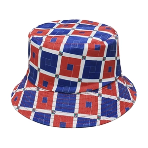 Summer bucket hat with Dominican Republic flag print and emblem pattern on white background