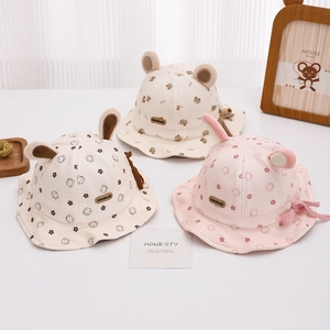 Baby Bucket Hat Soft Cotton Blend Sunshade 3D Bear Rabbit Ears Bowknot Adjustable For Infants Toddlers Autumn Style