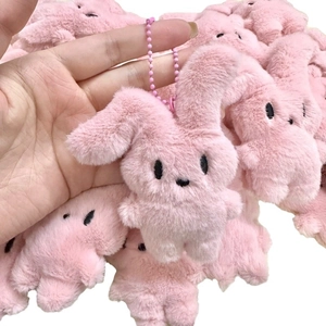Cute pink plush bunny keychain with pink bead chain for sweet student schoolbag decor