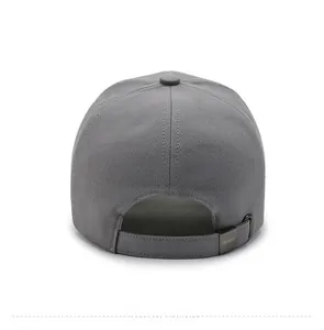 Detailed back view of grey baseball cap showing adjustable strap and metal buckle