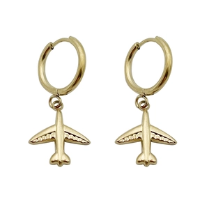 Elegant gold titanium hoop earrings with airplane pendants on a clean white background
