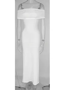 Detail of white off-the-shoulder bodycon maxi dress with ruched fabric on a mannequin