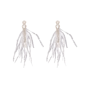 Silver needle drop earrings with sparkling rhinestone studs and long feather tassel detail