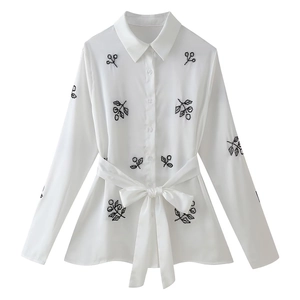 Women White Long Sleeve Blouse Leaf Beaded Lapel Button Down Shirt With Waist Belt Elegant Office Tops