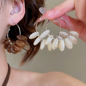 Resin Hoop Earrings With Alloy And Silver Earring Post Vintage Marble Texture Round Fashion Jewelry For Women