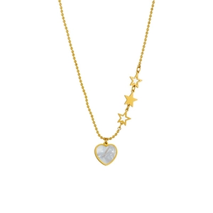 Golden heart necklace featuring white shell inlay and three small stars on a beaded chain