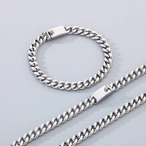 Detailed view of silver stainless steel Cuban link necklace and bracelet set with clasp