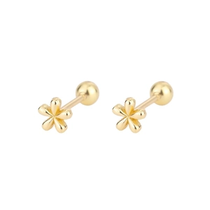 Minimalist golden five-petal flower earrings with screw back design on white background