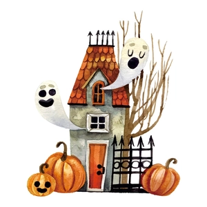 Stickers Halloween pour fenêtre avec maison hantée et citrouilles en style aquarelle