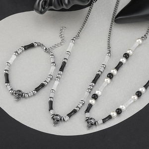 Gothic skull and pearl jewelry set with stainless steel necklaces and bracelet