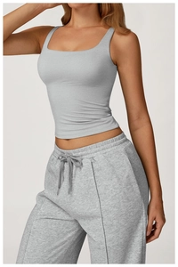Détails de l'ensemble débardeur de yoga gris sans couture et legging assorti à cordon