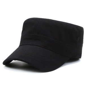 Classic black cotton cadet cap with flat top design and metal eyelets for outdoor wear