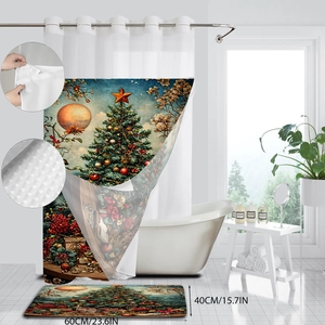 Christmas shower curtain set with festive tree pattern and anti-slip bath mat dimensions