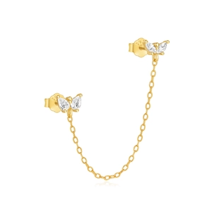 Detail of S925 sterling silver butterfly chain earring with gold plating and white zircon
