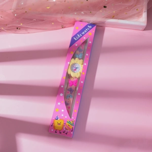 Kids quartz watch with yellow dial and pink butterfly strap in cartoon gift box