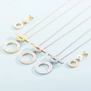 Stainless Steel Rhinestone Necklace And Earrings Jewelry Double Circle Geometric Elegant Fashion Accessory For Women