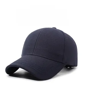 Close-up of Narason metal logo on navy blue cotton baseball cap with five-row stitching