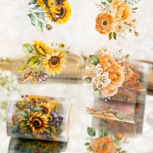 Floral PET tape featuring sunflowers and orange roses for scrapbooking decoration