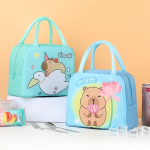 Insulated cartoon capybara lunch bags in mint green and sky blue for kids and office