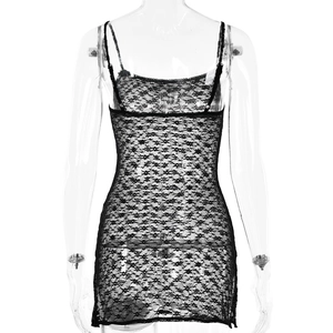 Detail view of black sheer lace mini dress featuring floral patterns and back design