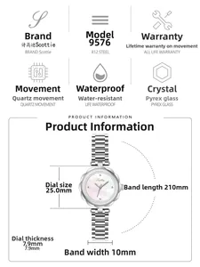 Technical specifications for small floral steel watch with 25mm dial and 7.9mm thickness