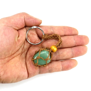 Handmade woven net keychain with natural green aventurine raw stone and brown cord