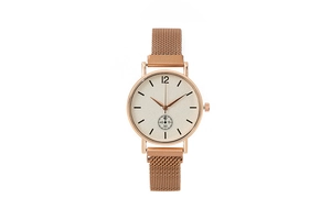 Close-up of rose gold Milanese strap watch with a cream dial and small second sub-dial