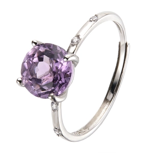 Elegant S925 sterling silver adjustable ring with round purple amethyst and small diamonds