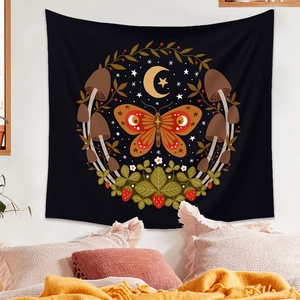 Bohemian black butterfly tapestry with moon and star design on a bedroom wall
