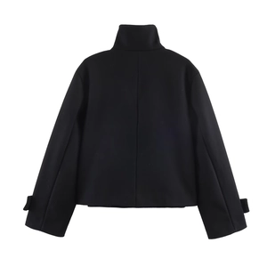 Women's chic black winter short coat with stand collar, back view on a white background