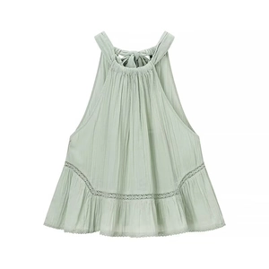 Mint green pleated halter top with sleeveless design and intricate lace hem detail