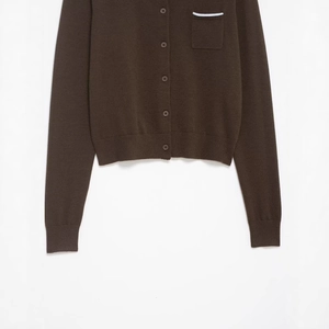 Dark brown long sleeve knit cardigan with five buttons and a striped pocket detail