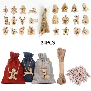 Christmas countdown set featuring 24 numbered wooden tags and colorful linen drawstring bags
