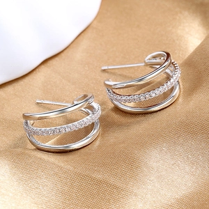 Modern silver multi-layer C-shape hoop earrings with sparkling zircon inlay for women