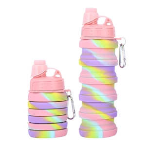 Collapsible silicone sports water bottle in rainbow pattern for hiking and gym fitness