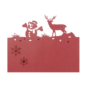 Detailed laser-cut red Christmas card featuring snowman, reindeer and snowflake motifs