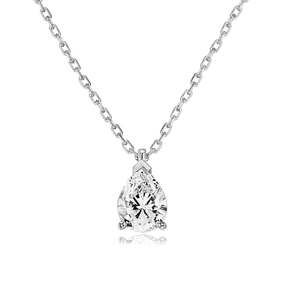 Macro detail of pear-shaped clear gemstone pendant with silver finish on O-chain necklace